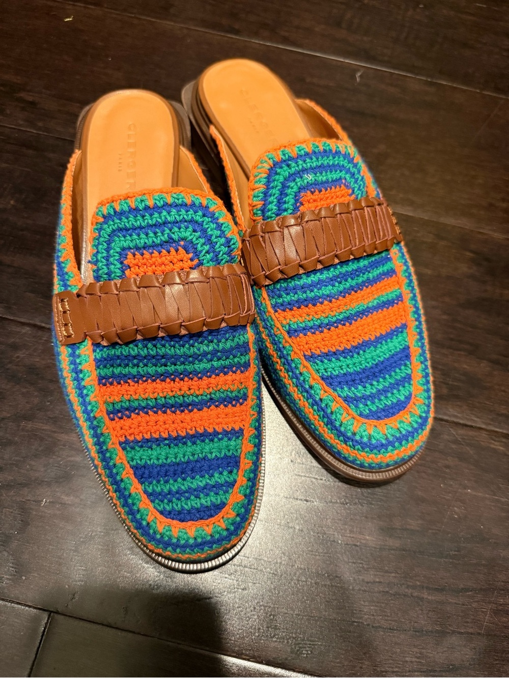 Robert Clergerie Multicolor Crochet Slip-On Loafers with Brown Braided Strap